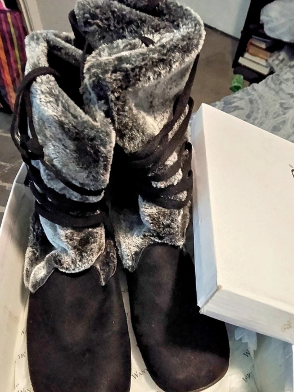 Wanted Faux Fur Trim Wedge Boots in Black & Gray